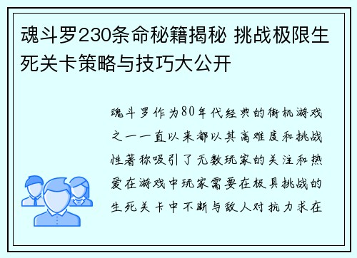 魂斗罗230条命秘籍揭秘 挑战极限生死关卡策略与技巧大公开 魂斗罗230条命秘籍揭秘 挑战极限生死关卡策略与技巧大公开