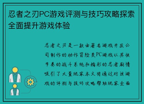忍者之刃PC游戏评测与技巧攻略探索全面提升游戏体验 忍者之刃PC游戏评测与技巧攻略探索全面提升游戏体验