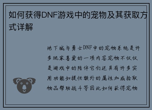 如何获得DNF游戏中的宠物及其获取方式详解